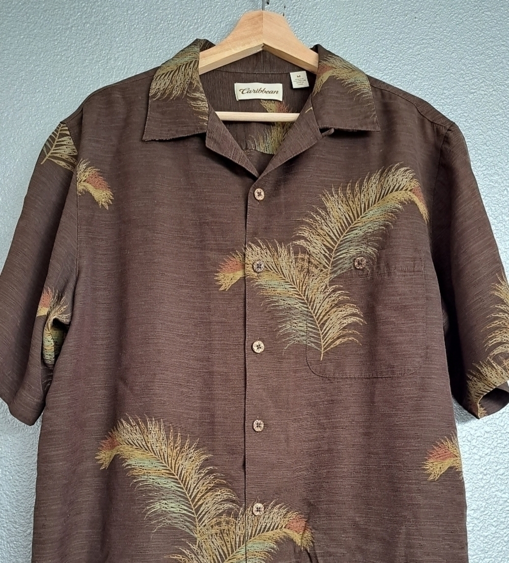 Caribbean Brown Silk Blend Men's Hawaiian Shirt Size M